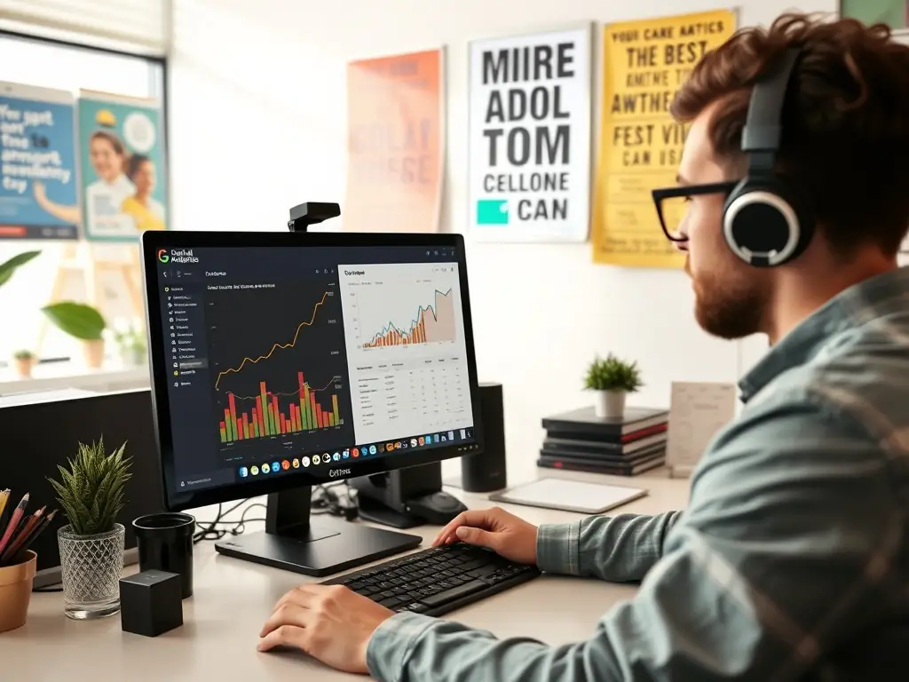 Digital marketer using analytics software to track Google Ads performance.