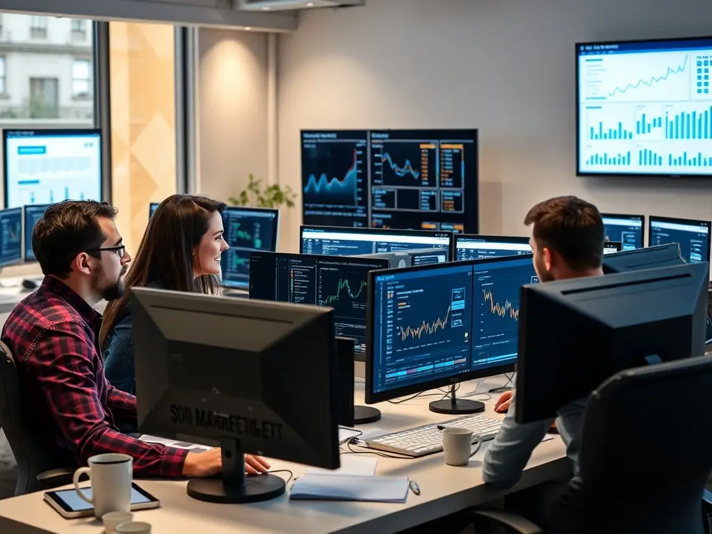 A team analyzing SEO data in a modern office.