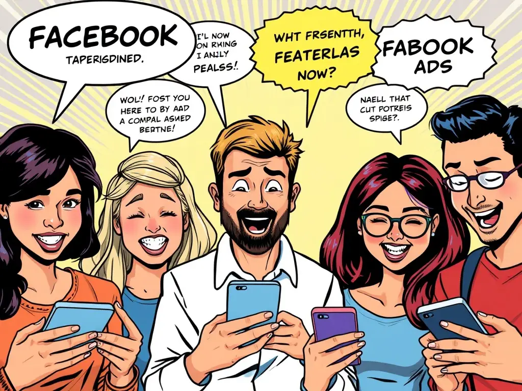 A diverse group of people engaging with Facebook Ads on their smartphones.