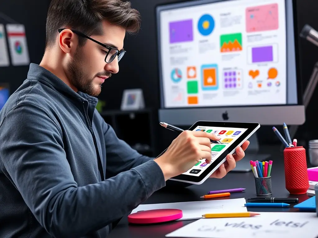 A designer sketching a mobile app interface on a tablet in a modern workspace.