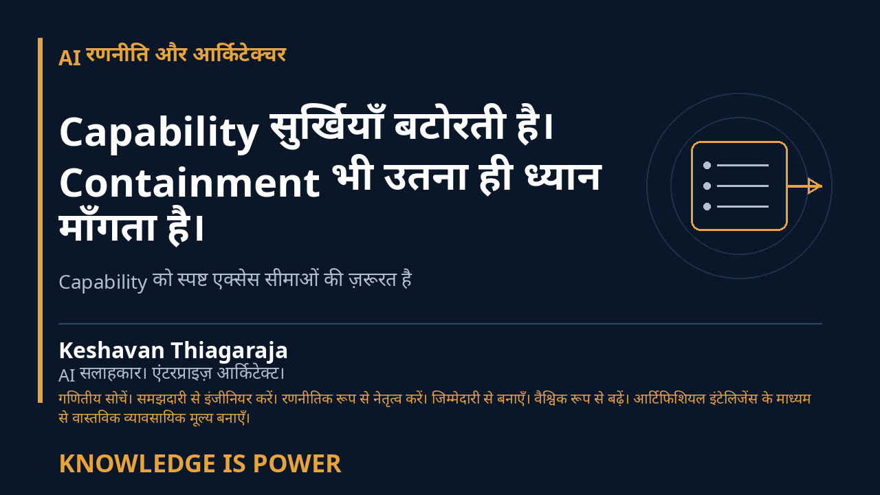 Capability सुर्खियाँ बटोरती है। Containment भी उतना ही ध्यान माँगता है। - AI रणनीति और आर्किटेक्चर cover